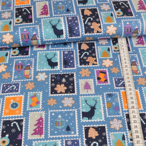 Tissu coton - timbres de Noël - bleu