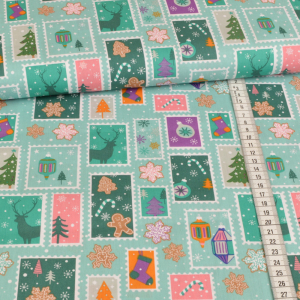 Tissu coton - timbres de Noël - menthe