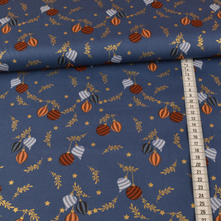 Tissu coton imprimé métallisé - sapin boule de Noël étoiles - bleu jeans