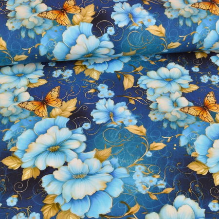 Jersey Vintage Blossoms and Butterflies bleu - Collection Glitzerpüppi